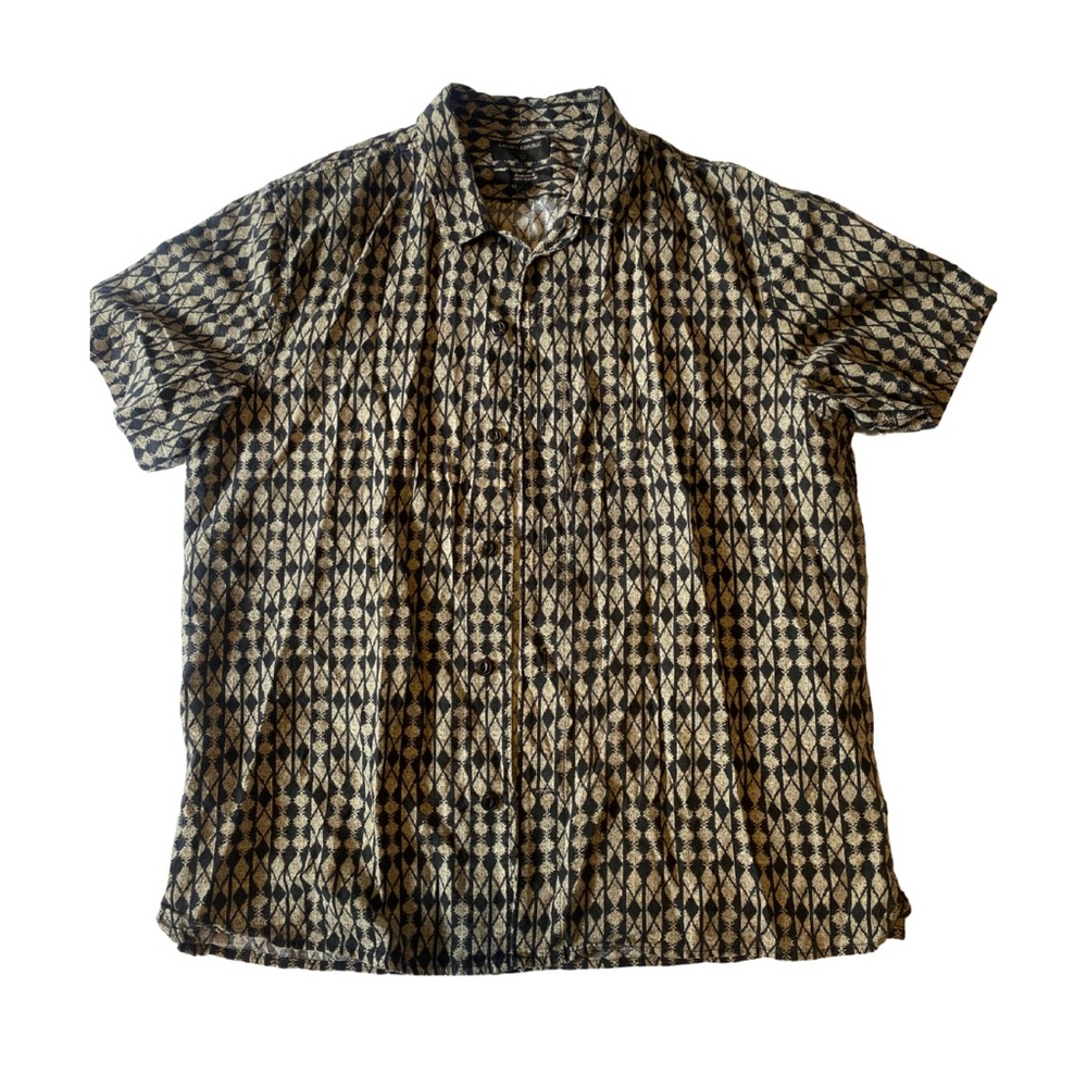 Men's Black and Cream Linen Patterned Shirt